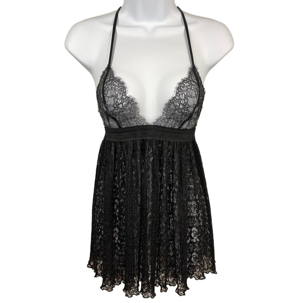 Victoria’s Secret Black Floral Mesh Lace Halter Babydoll Lingerie Dress S